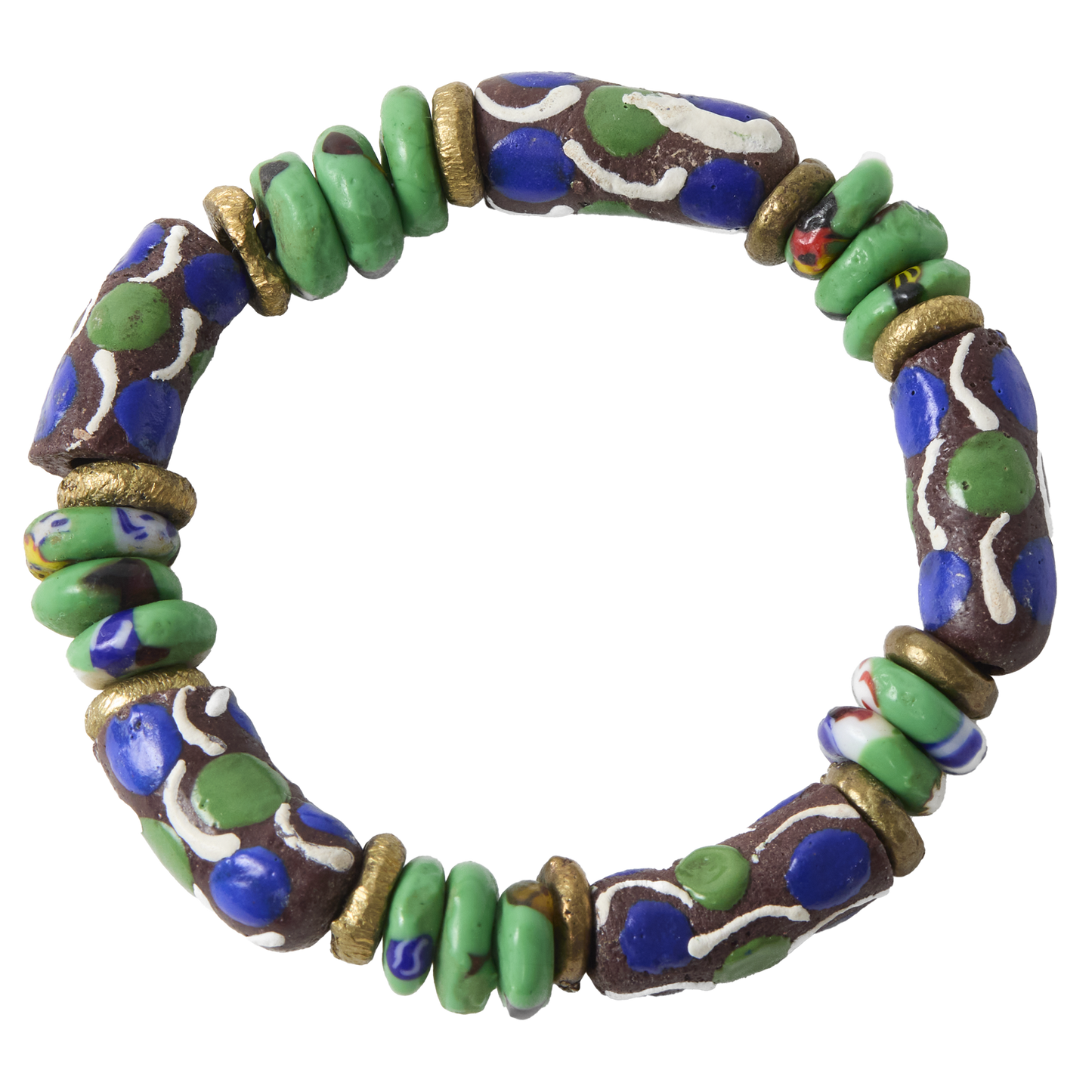Colorful beaded bracelet with green, blue, and brown beads on a white background