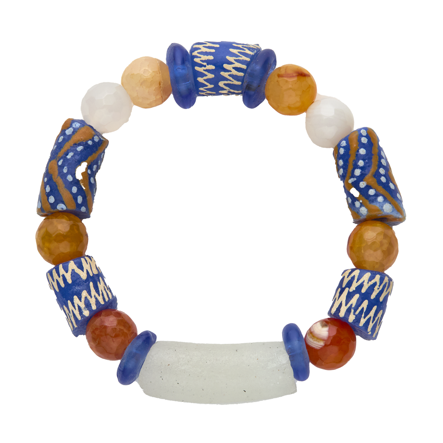 Multicolored beaded bracelet with blue, brown, and white beads on a white background