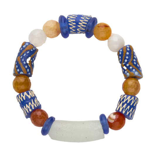 Multicolored beaded bracelet with blue, brown, and white beads on a white background