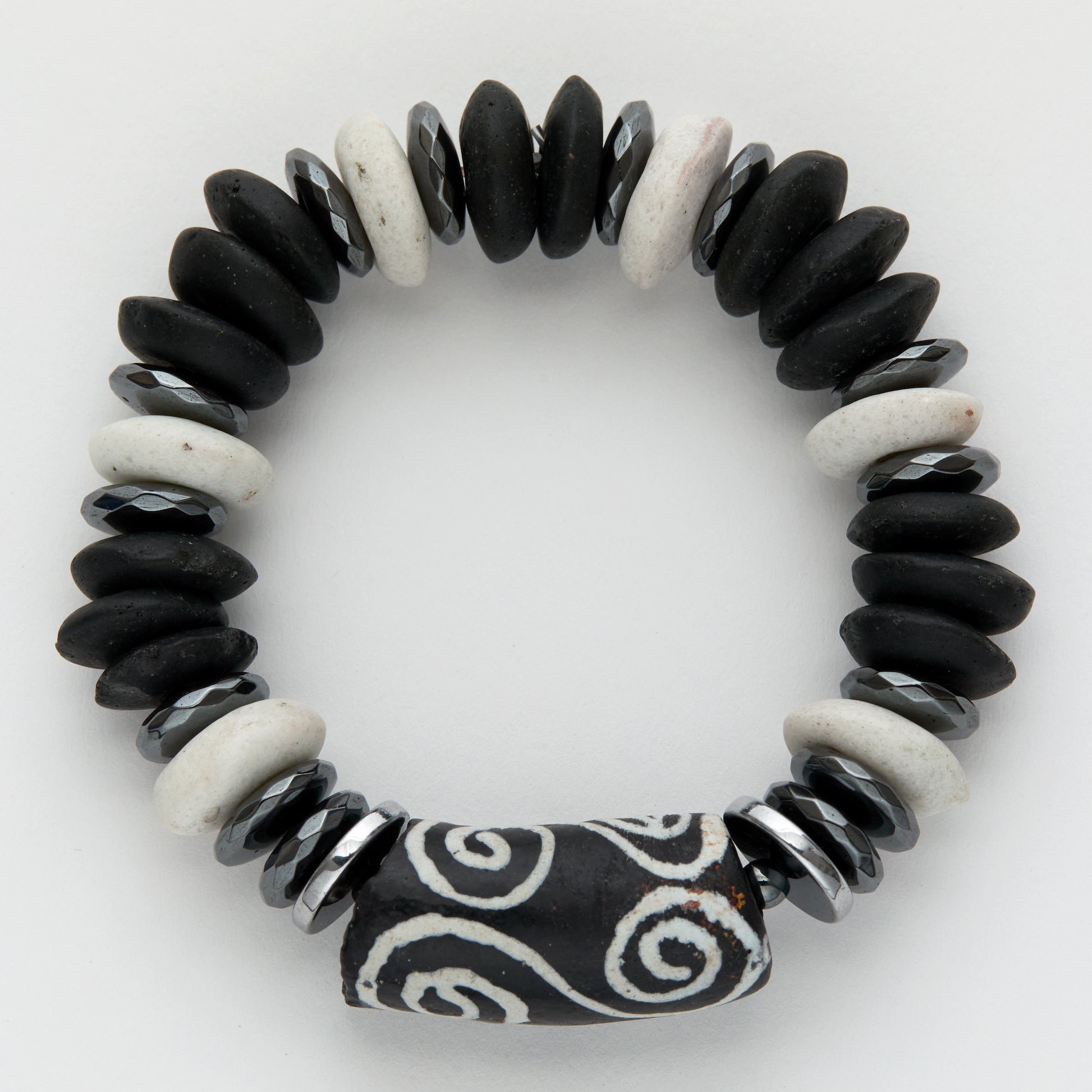 Black and white beaded bracelet on a white background