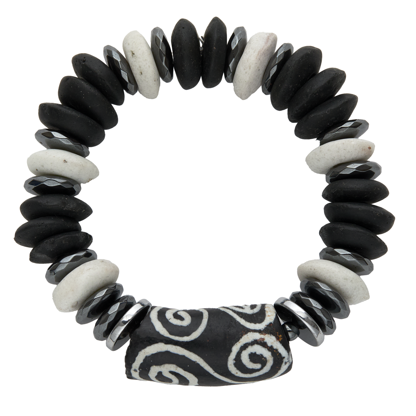 Bracelet made of black, white, and silver beads on a white background