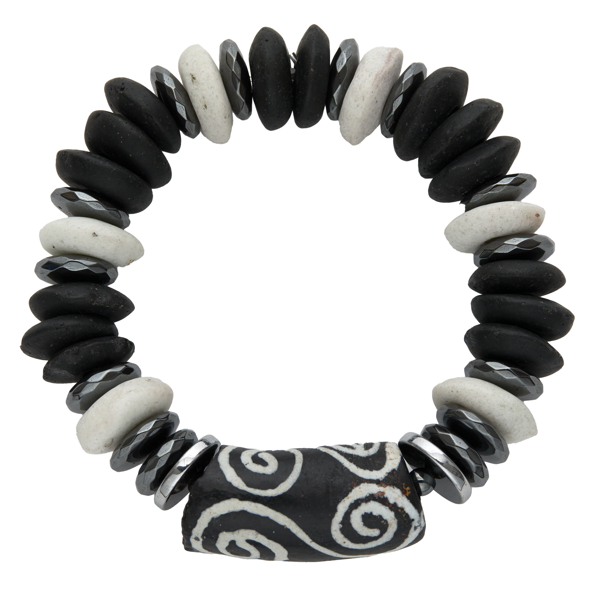 Bracelet made of black, white, and silver beads on a white background
