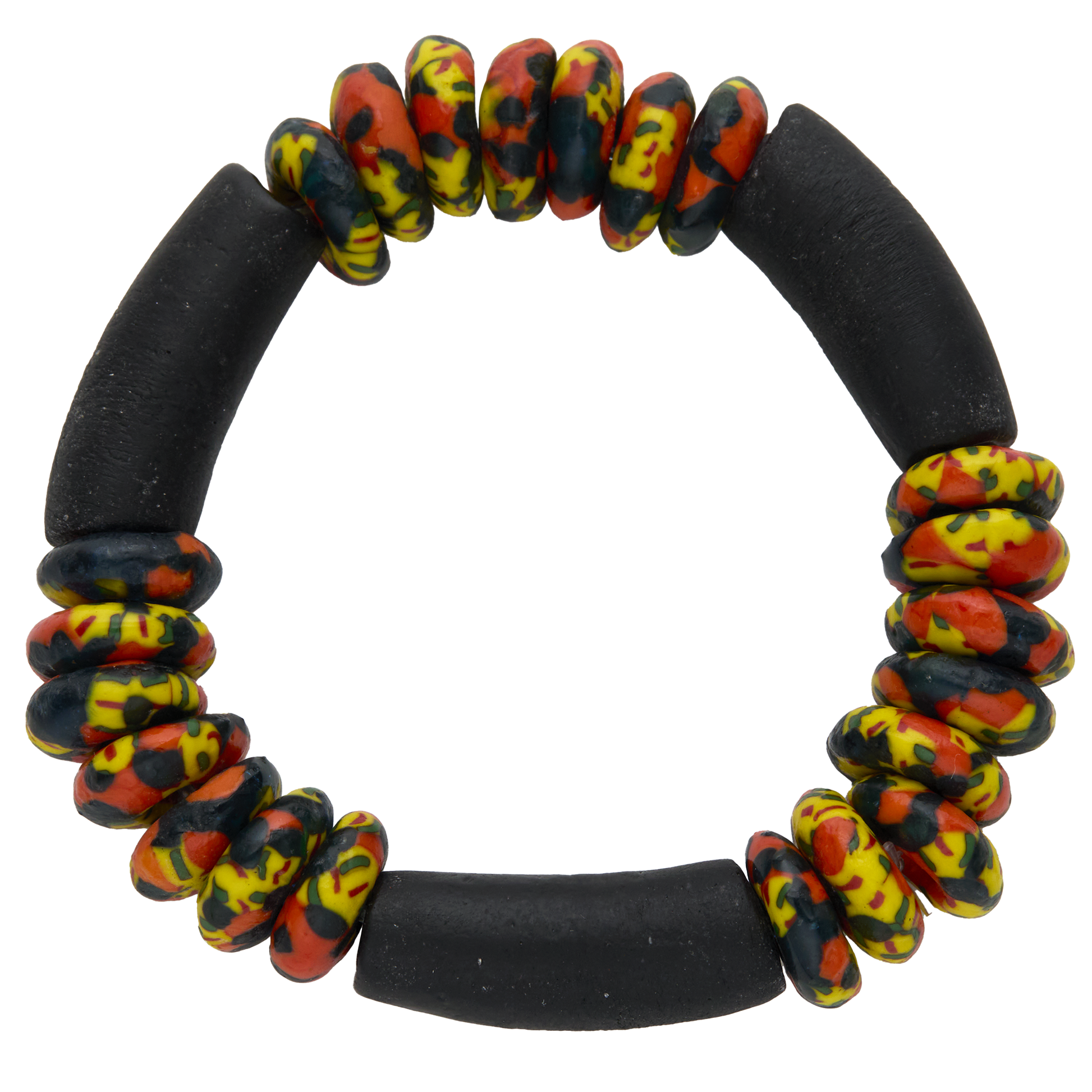 Bracelet with black and multicolored beads on a white background