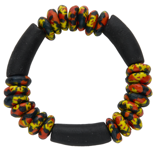 Bracelet with black and multicolored beads on a white background