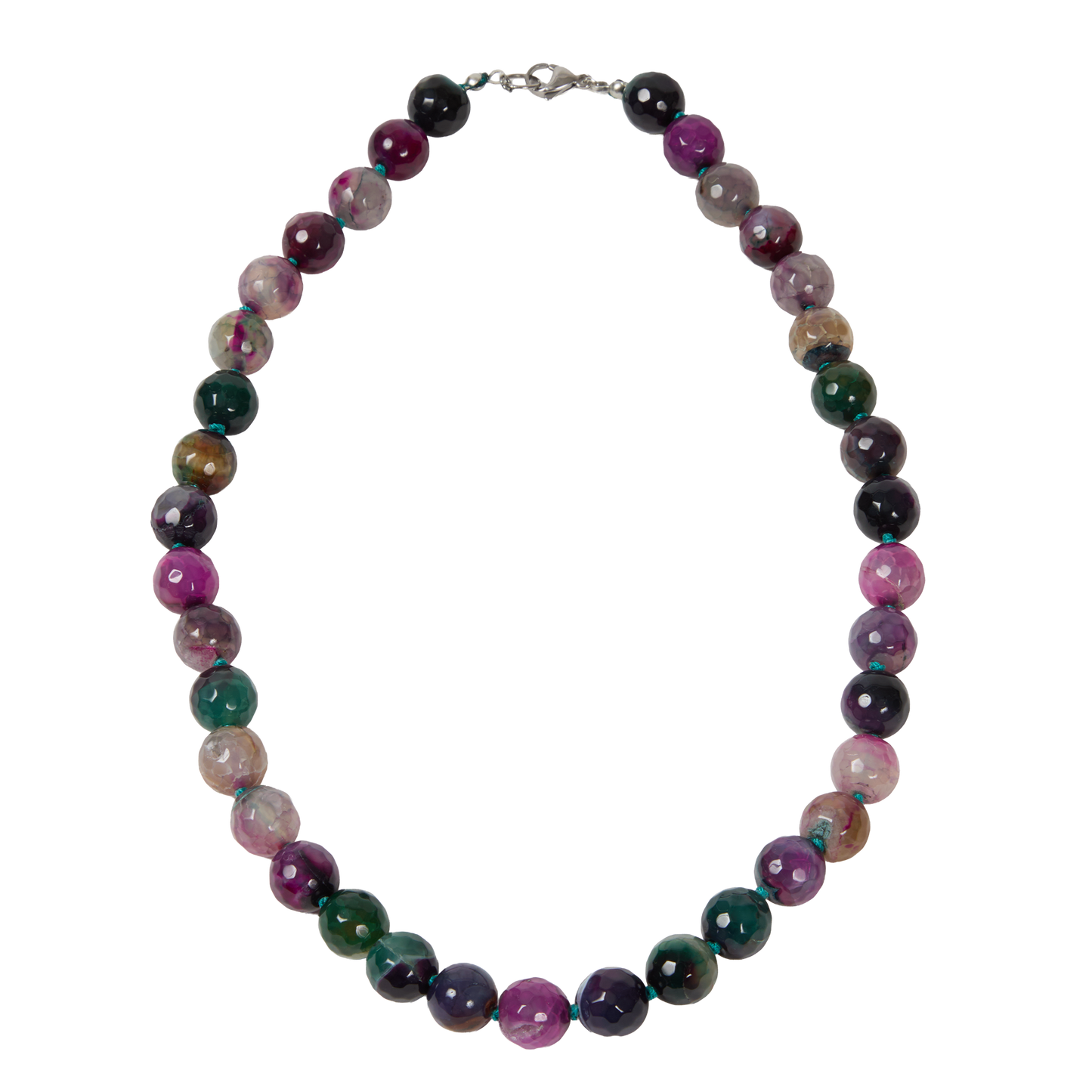 Multicolored beaded necklace on a white background