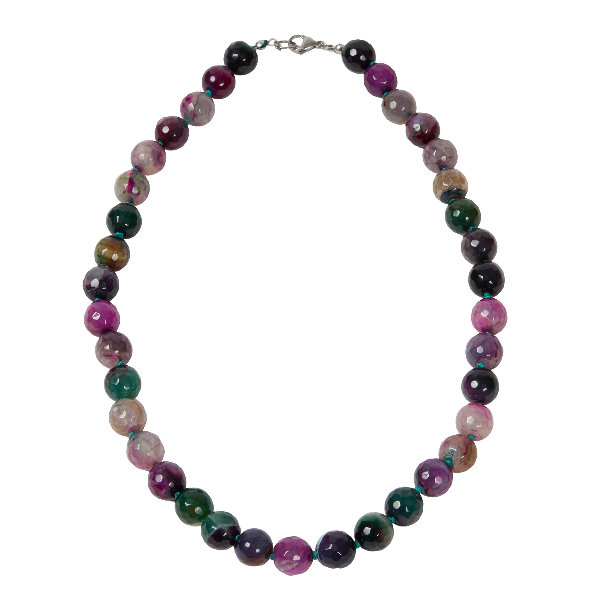 Multicolored beaded necklace on a white background