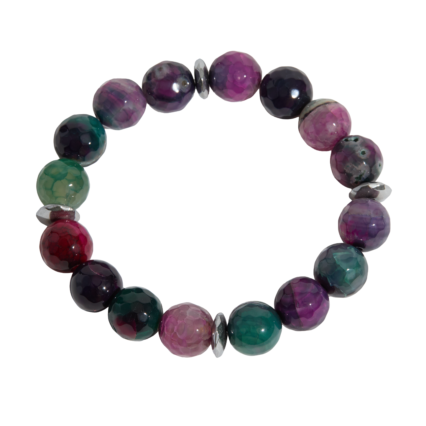 Multicolored gemstone beaded bracelet on a white background