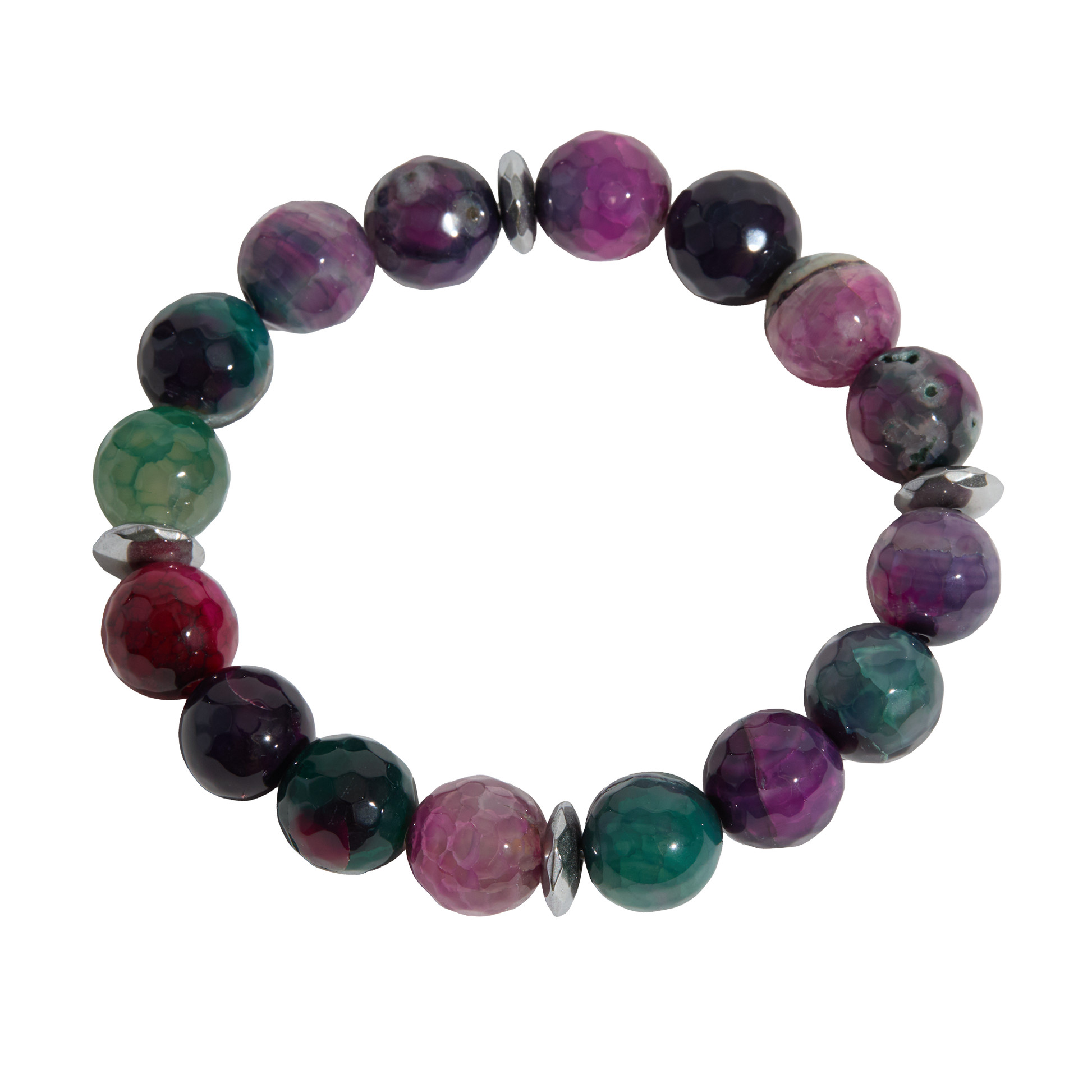 Multicolored gemstone beaded bracelet on a white background