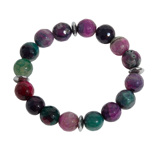 Multicolored gemstone beaded bracelet on a white background