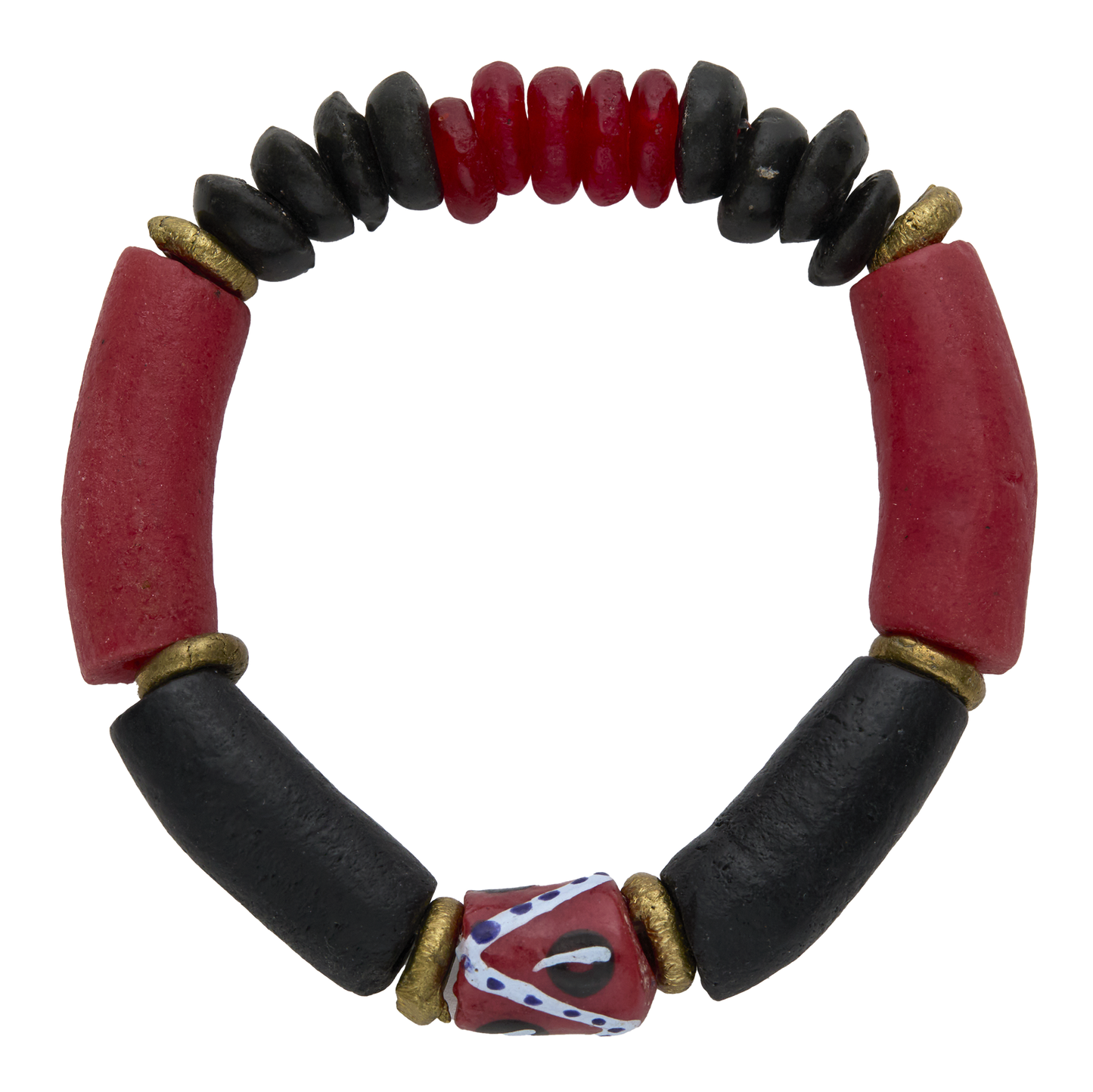Bracelet with red and black beads on a white background
