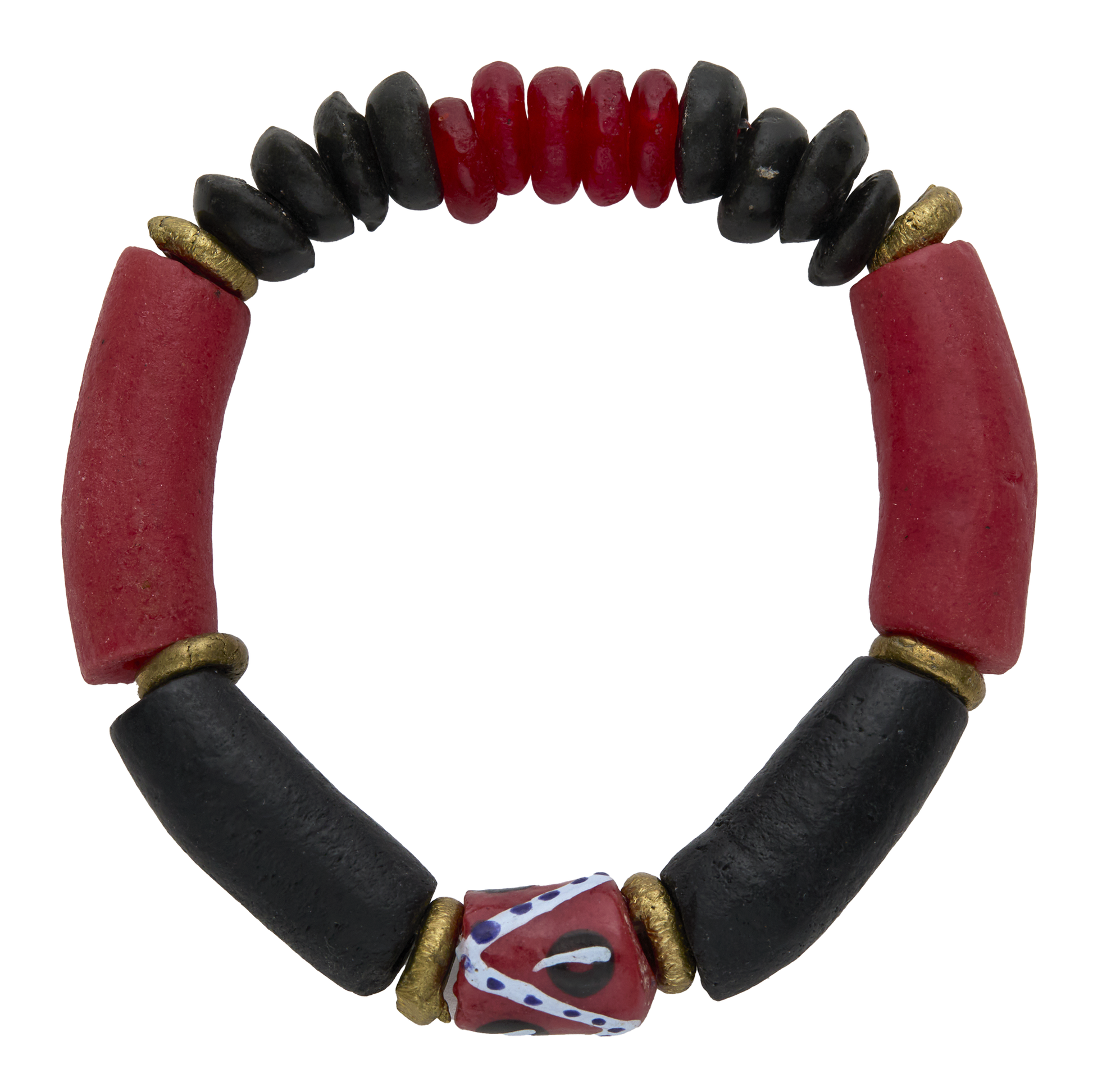 Bracelet with red and black beads on a white background