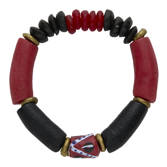 Bracelet with red and black beads on a white background