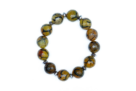 A bead bracelet with a combination of brown, black, and green faceted beads with hematite accents, against a white background. 