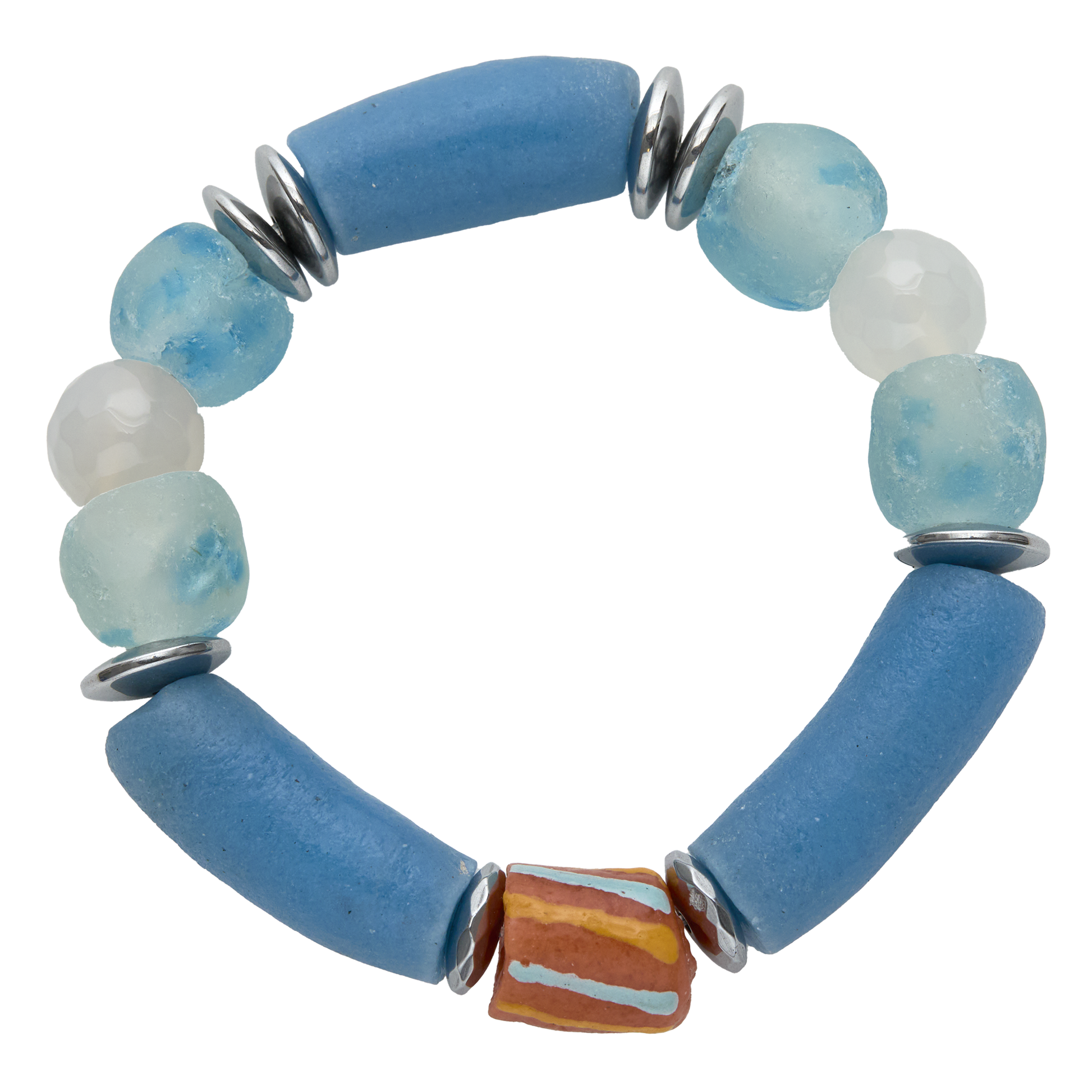 Blue and white beaded bracelet with a orange and blue striped accent bead on a white background
