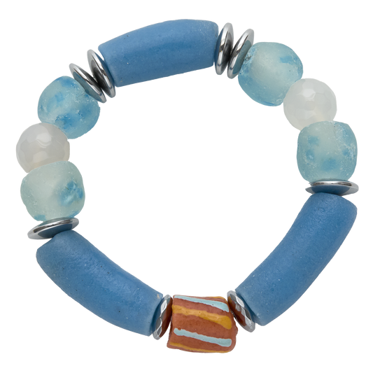 Blue and white beaded bracelet with a orange and blue striped accent bead on a white background