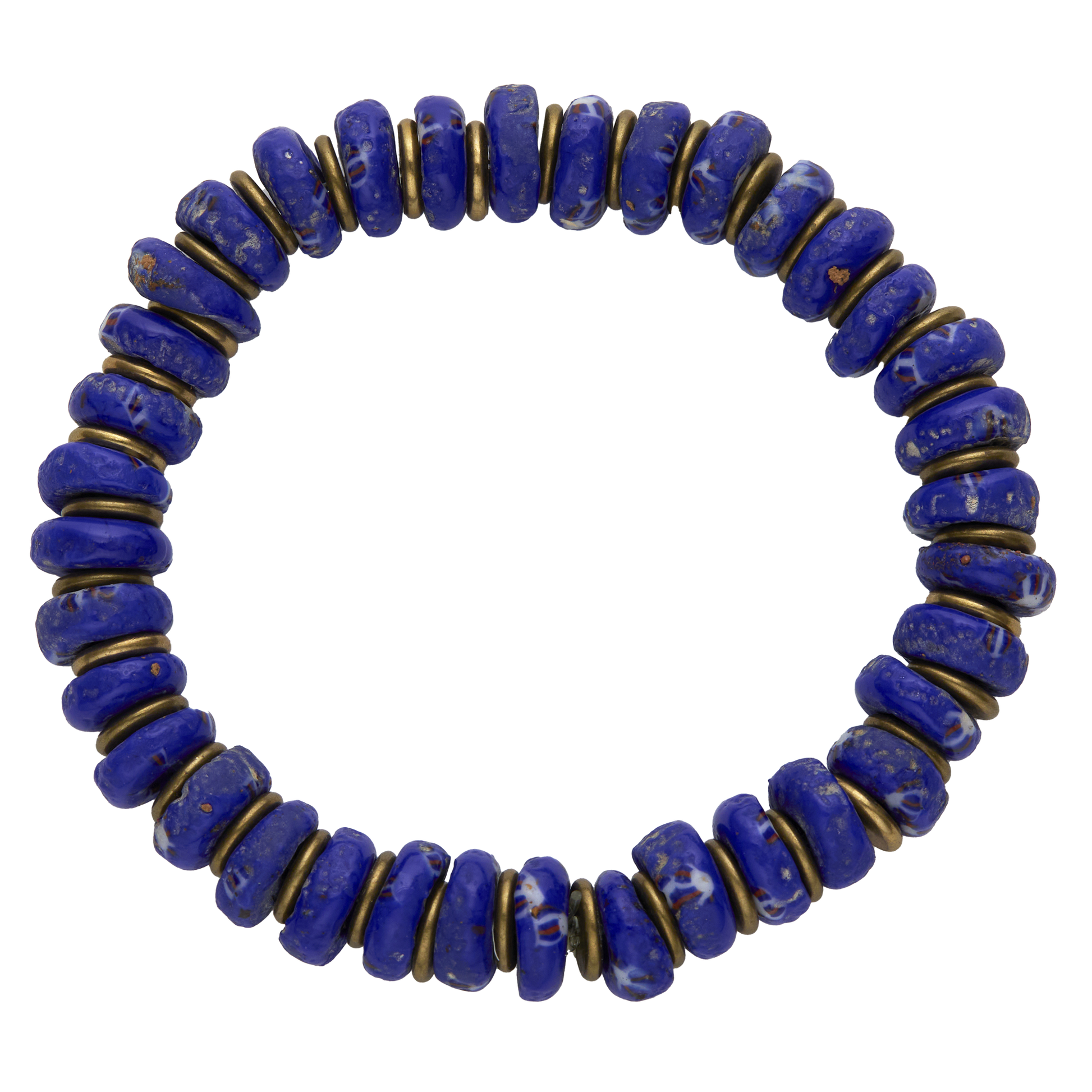 Blue beaded bracelet with gold accents on a white background