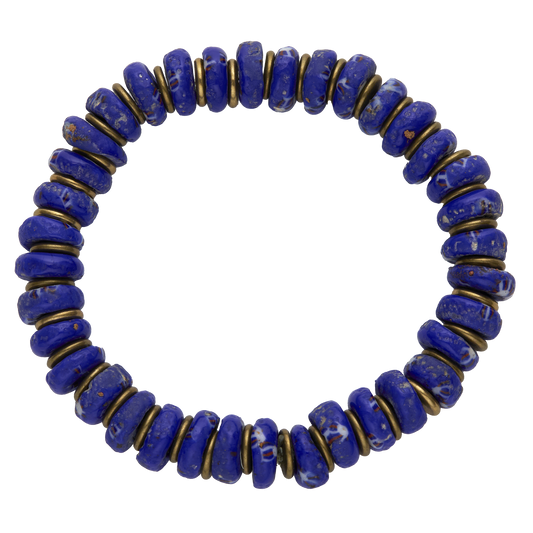 Blue beaded bracelet with gold accents on a white background