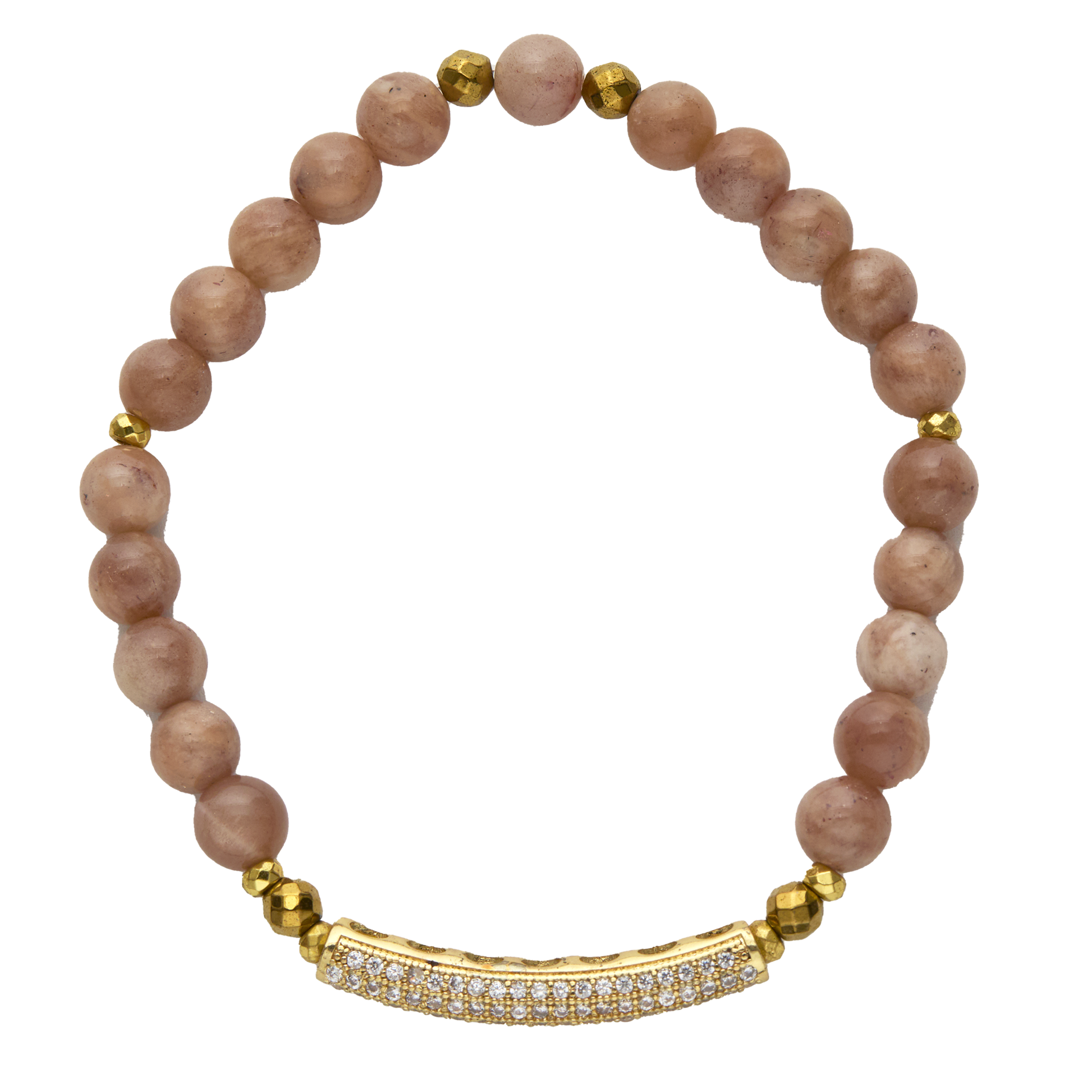 Bracelet with pink beads and gold accents on a white background