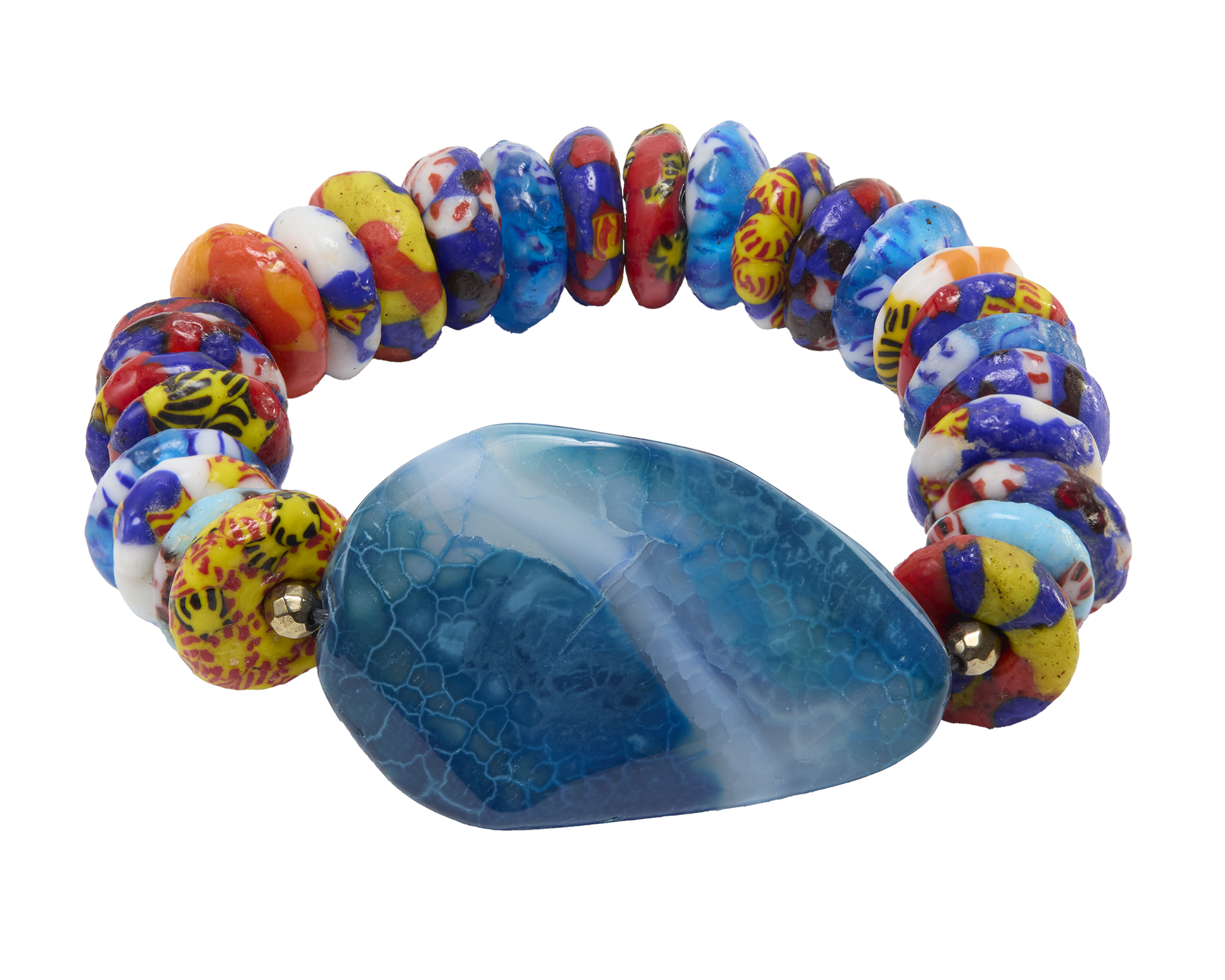 Colorful beaded bracelet with a large blue stone on a white background