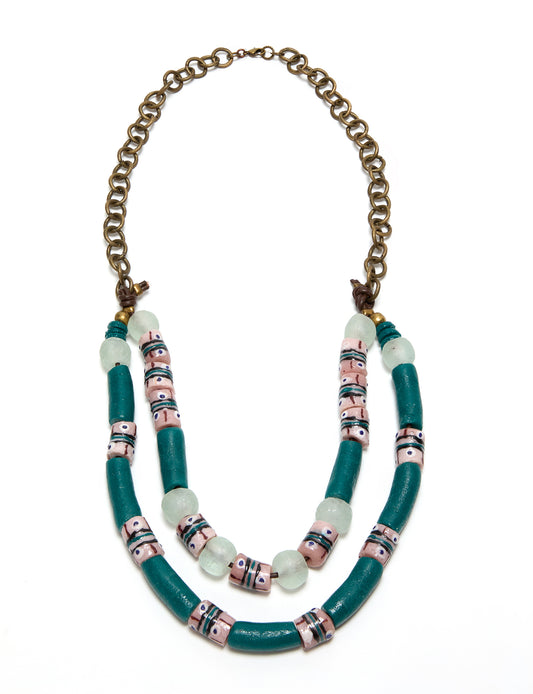 Beaded necklace with green, pink, and white beads on a white background