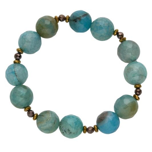 Turquoise beaded bracelet with gold and brown accents on a white background