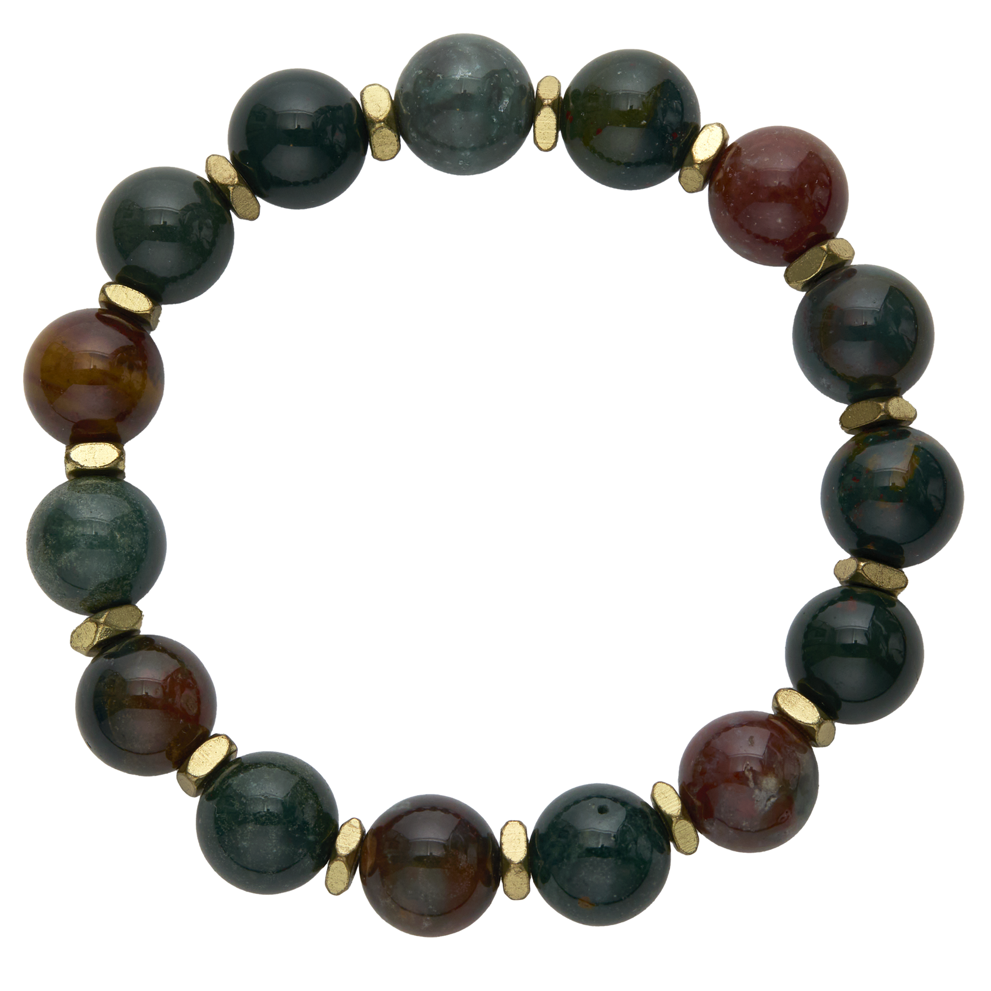 Beaded bracelet with black, brown, and gold beads on a white background