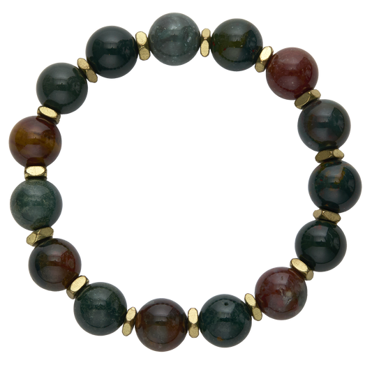 Beaded bracelet with black, brown, and gold beads on a white background