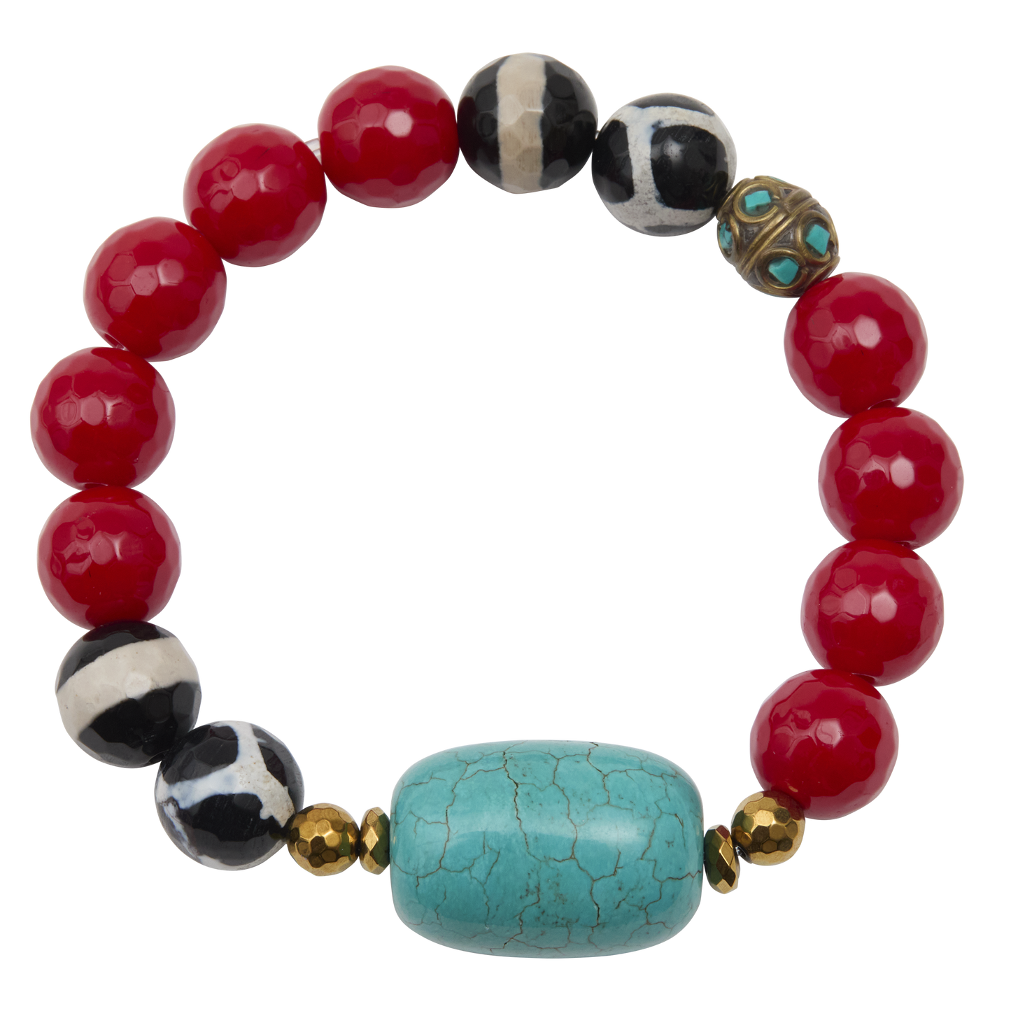 Multicolored beaded bracelet with red, black, white, turquoise, and gold beads on a white background