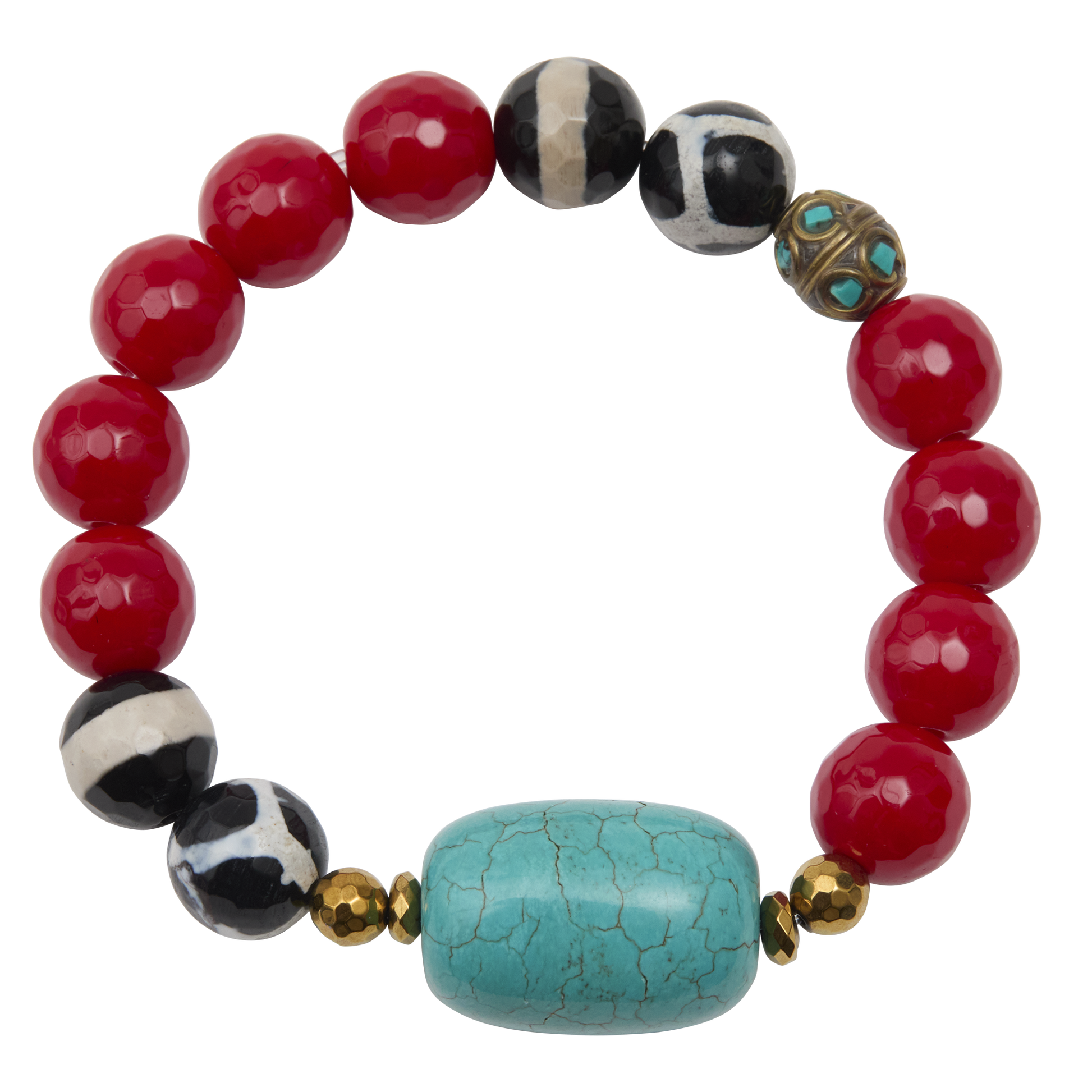 Multicolored beaded bracelet with red, black, white, turquoise, and gold beads on a white background