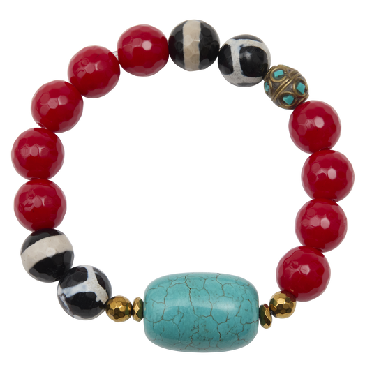 Multicolored beaded bracelet with red, black, white, turquoise, and gold beads on a white background