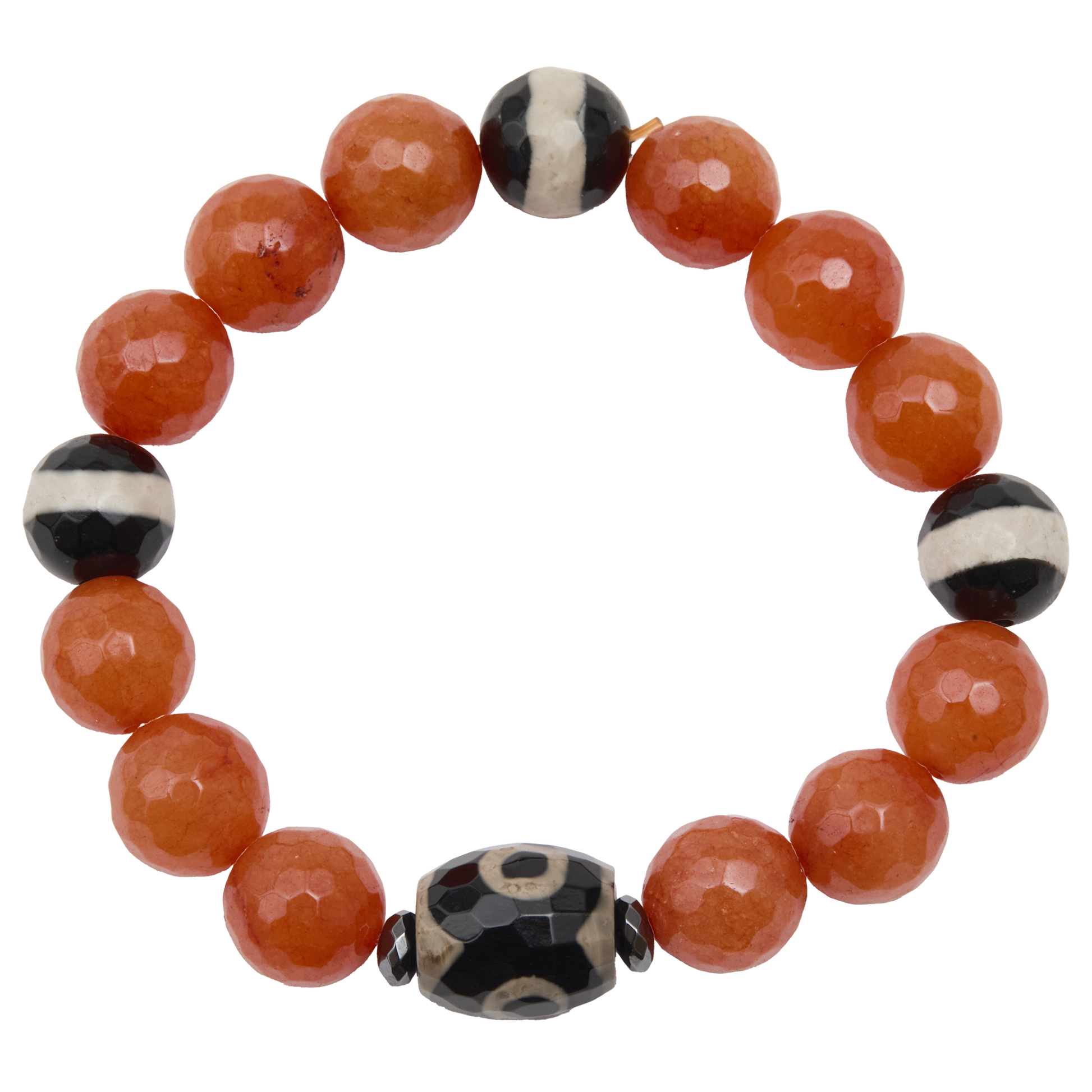 Beaded bracelet with orange beads and black and white patterned beads on a white background