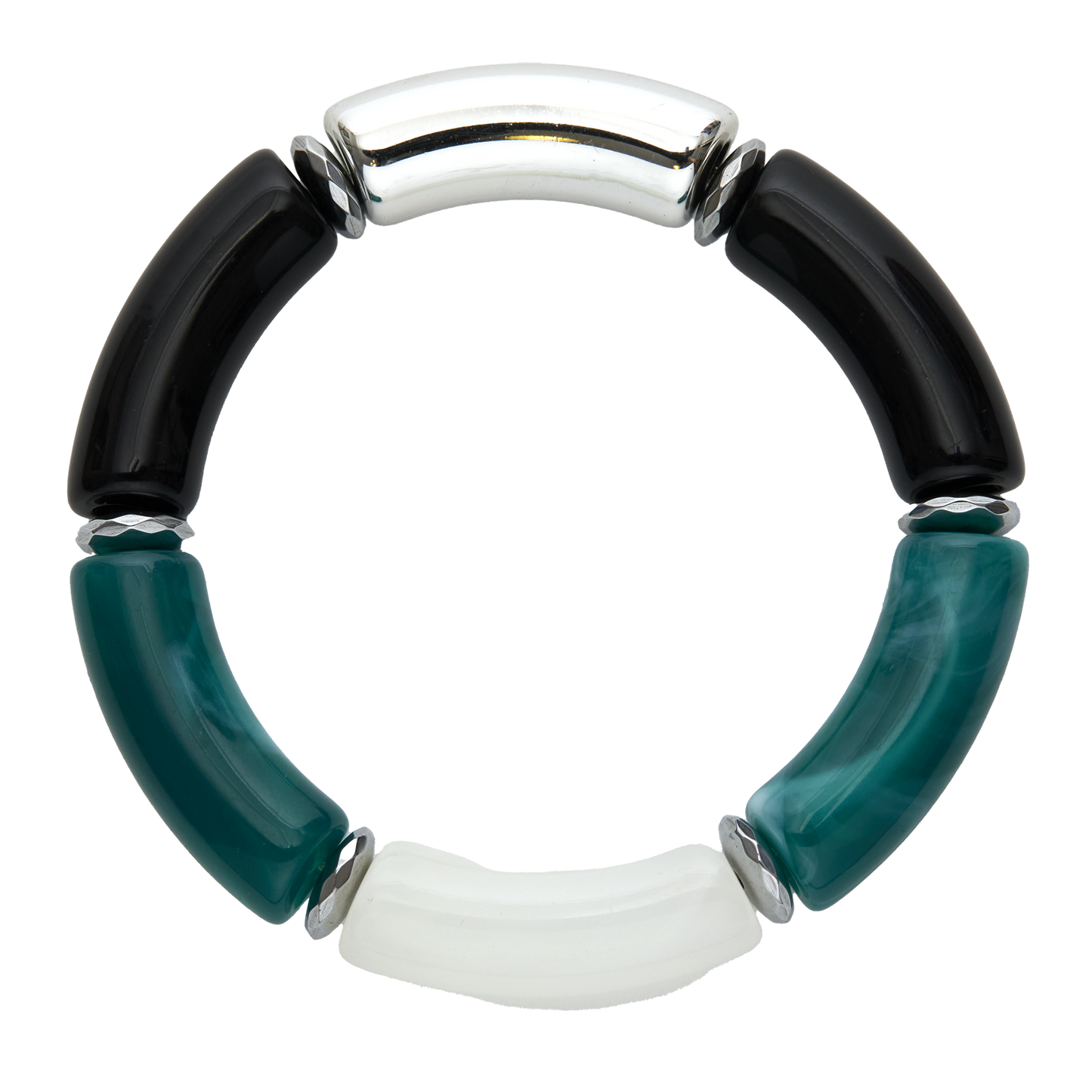 Bracelet with black, green, and white segments on a white background