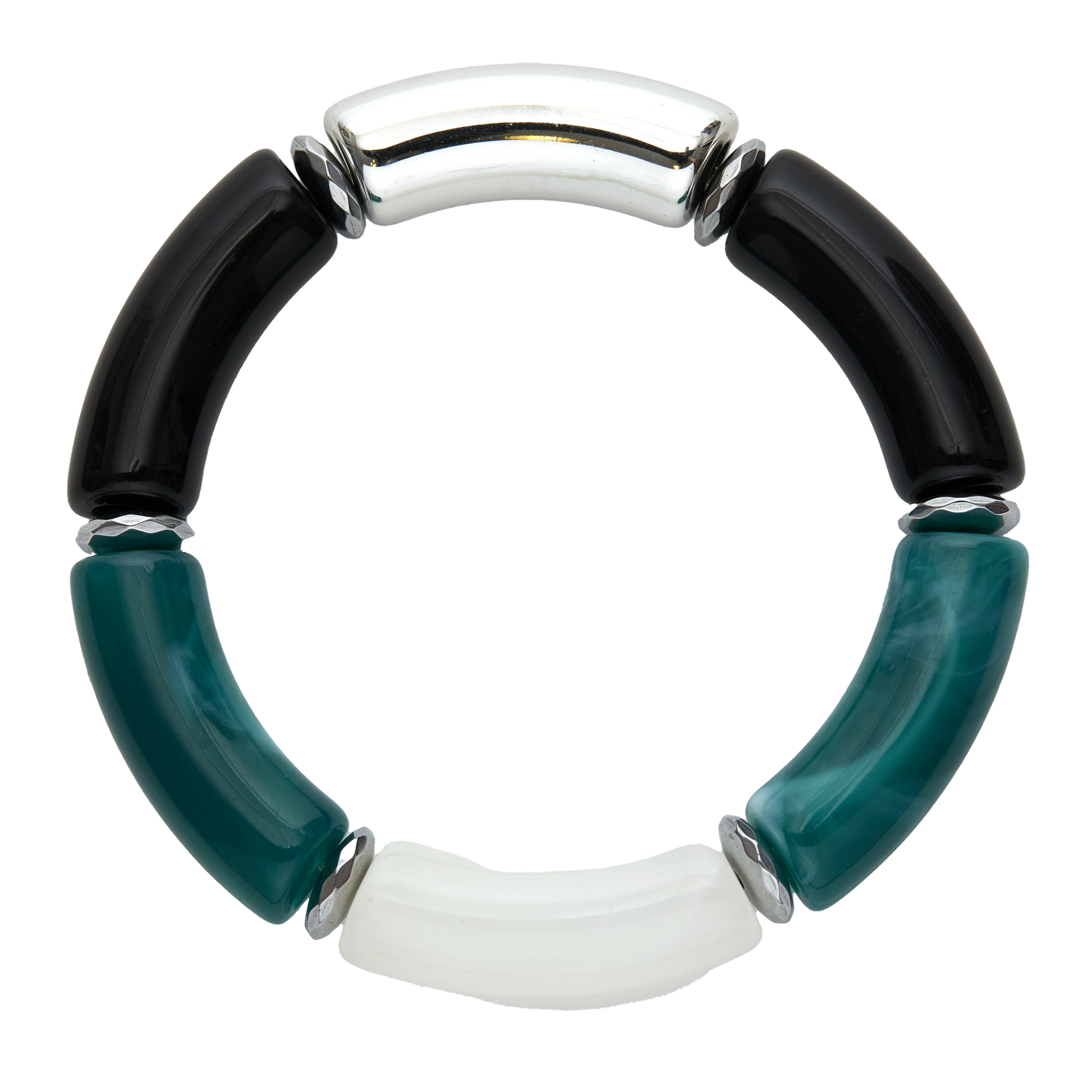 Bracelet with black, green, and white segments on a white background