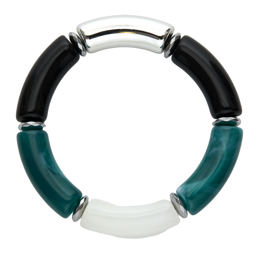 Bracelet with black, green, and white segments on a white background