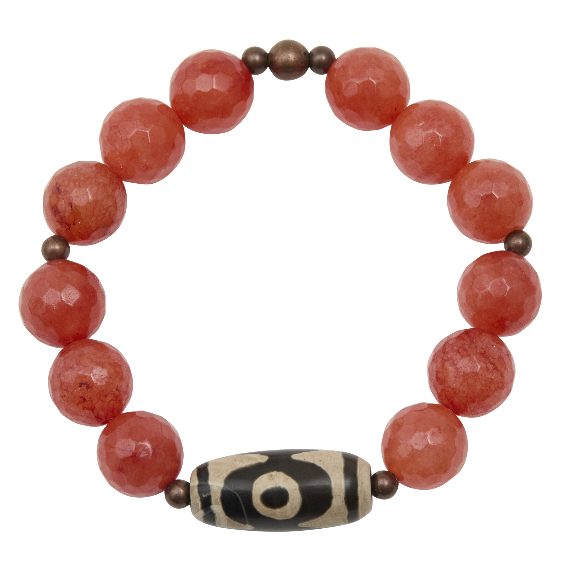 Bracelet with red beads and a brown and white central bead on a white background