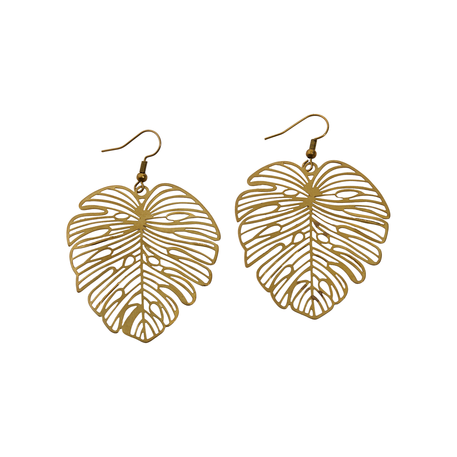 Brass monstera leaf-shaped earrings on a white background