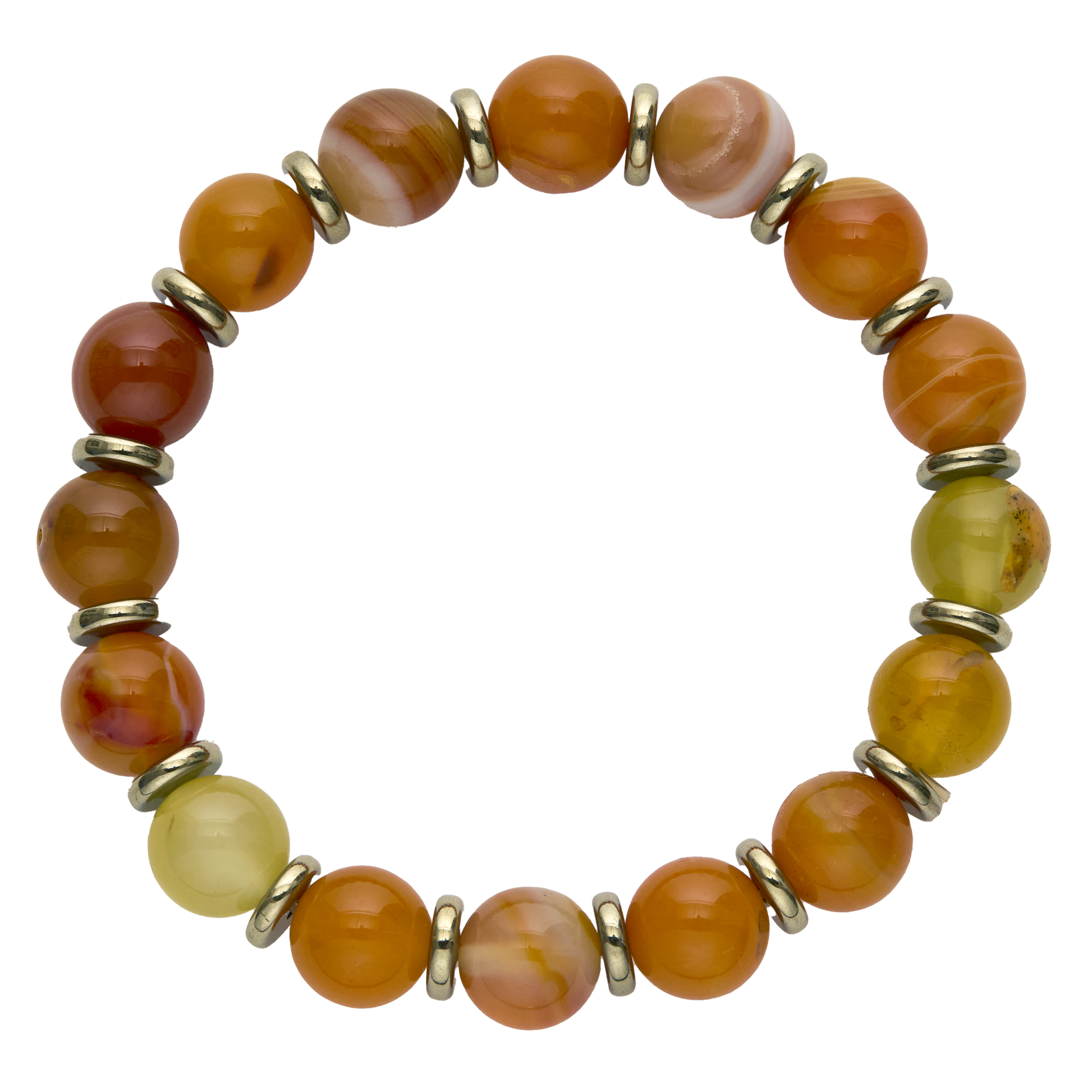 Beaded bracelet with orange, yellow, and red beads on a white background