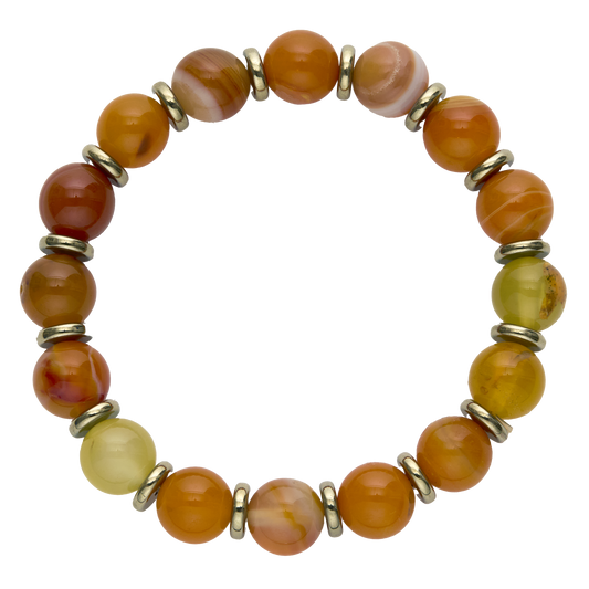 Beaded bracelet with orange, yellow, and red beads on a white background