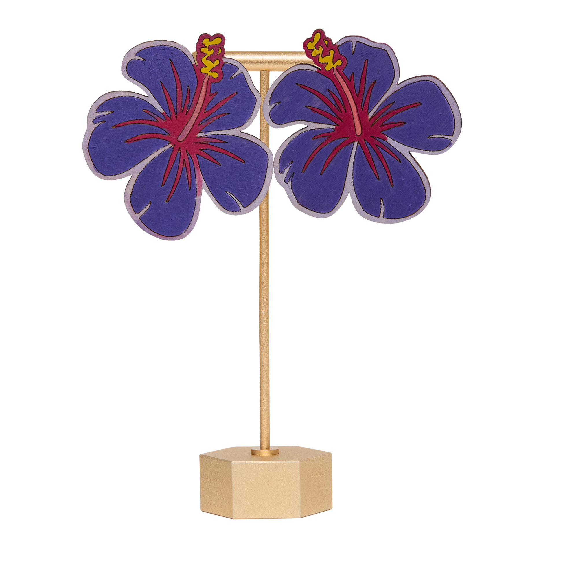 Hand-painted purple hibiscus flower earrings on a gold stand on a white background
