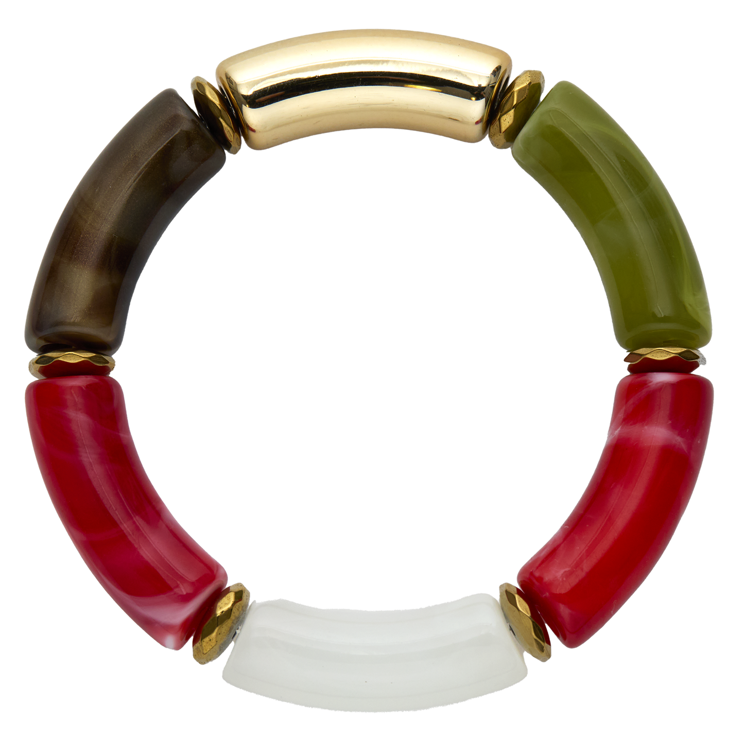 Multicolored bracelet with gold accents on a white background