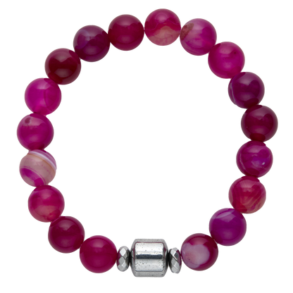 Beaded bracelet with pink and purple beads and a silver clasp on a white background