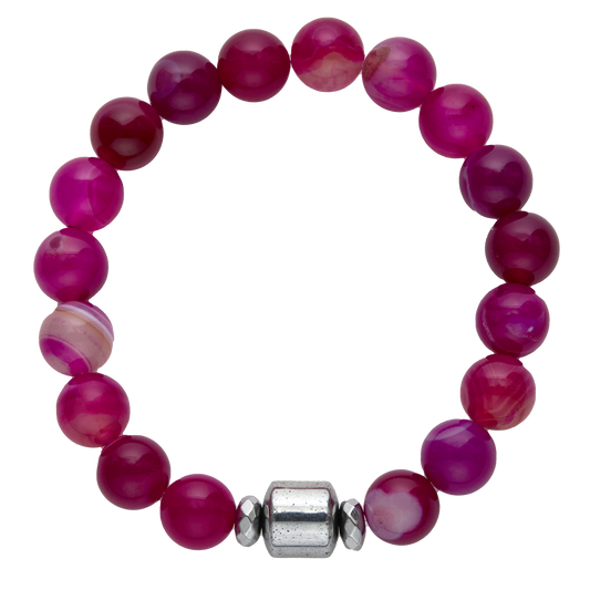 Beaded bracelet with pink and purple beads and a silver clasp on a white background