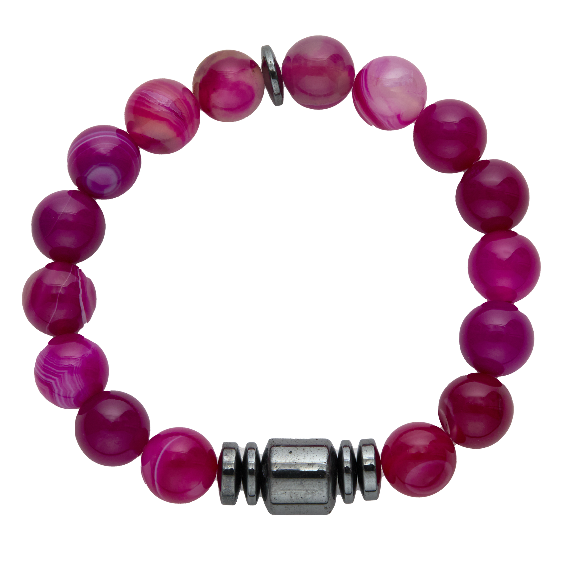 Bracelet with pink beads and a silver clasp on a white background
