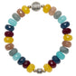 Multicolored beaded bracelet with silver beads on a white background