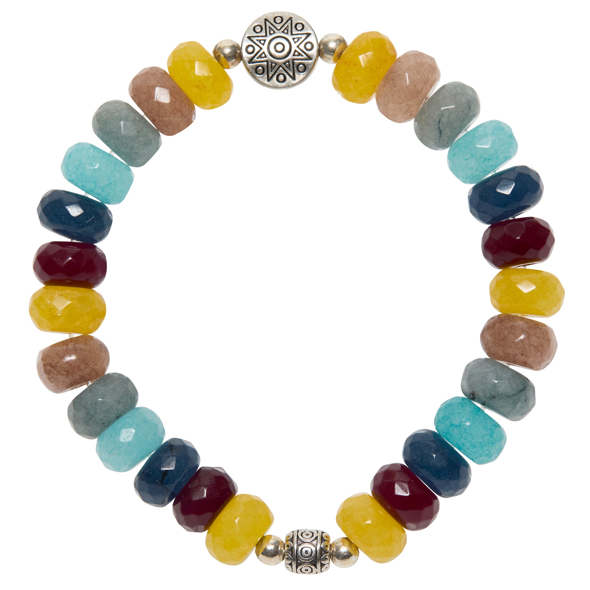 Multicolored beaded bracelet with silver beads on a white background