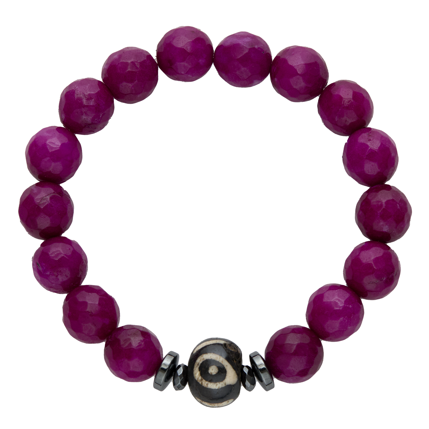 Purple beaded bracelet with a decorative black and silver bead on a white background