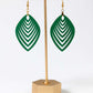 Green leaf-shaped earrings on a gold stand against a white background