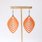 Orange earrings on a gold earring stand against a white background