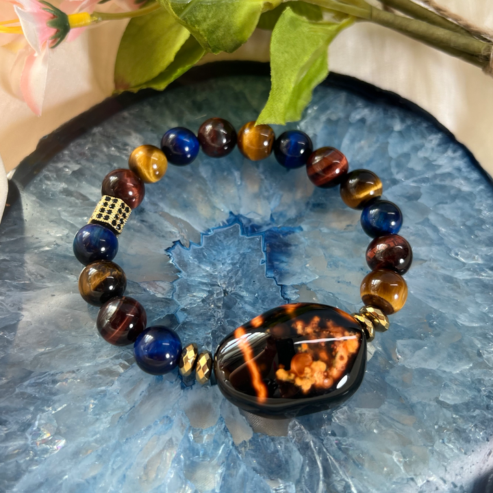 Multicolor tiger eye bracelet with dyed agate focal