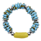 Bracelet with blue beads, silver accents, and a yellow bead on a white background